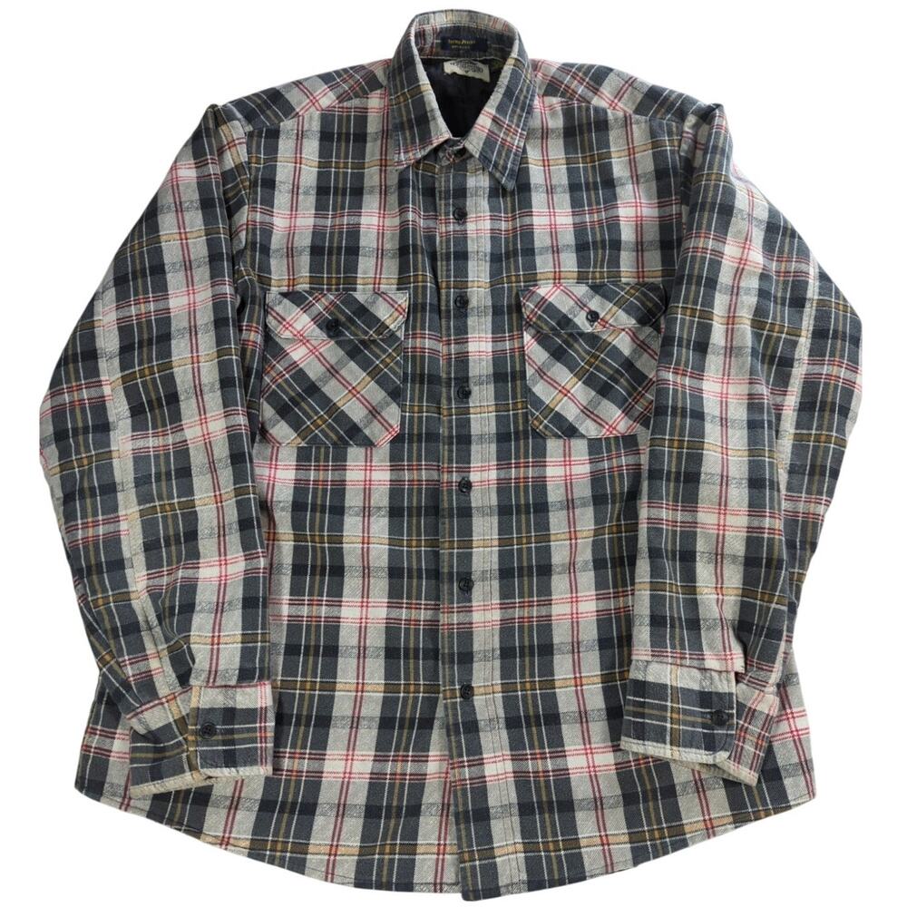 VTG Fieldmaster Quilted Flannel Shirt Jacket Plaid Gray Red USA Made Flaws